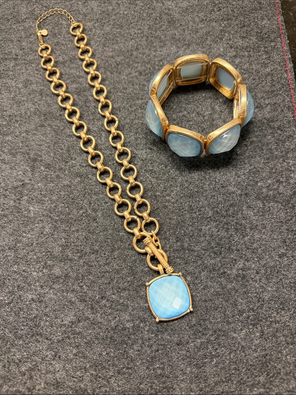 Gold Chain Necklace and Bracelet Set with Light Blue Gemstones - Women Jewelry
